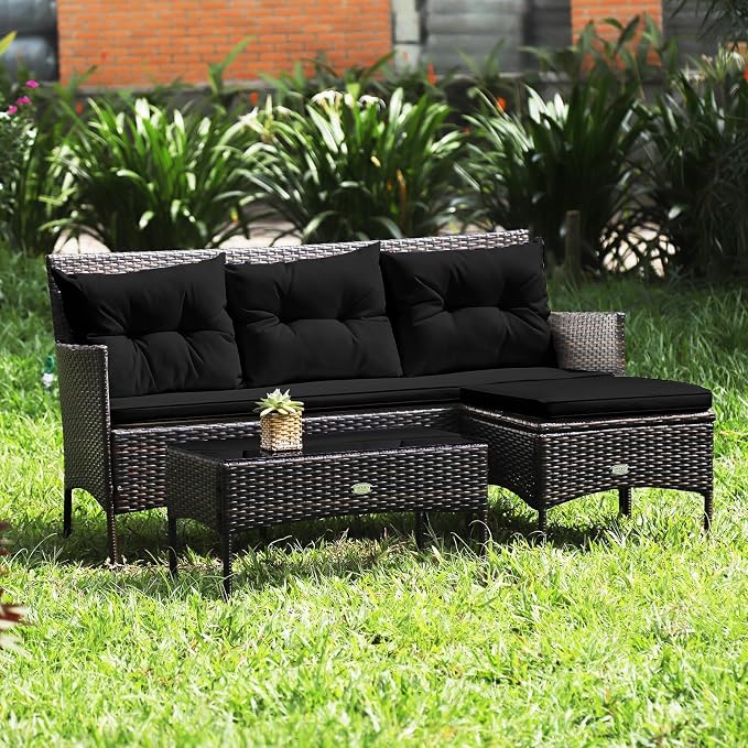 HAPPYGRILL 3-Piece Patio Furniture Set Outdoor Rattan Conversation Set with Coffee Table, Seat & Back Cushions, Sectional Sofa Set for Poolside Balcony Backyard
