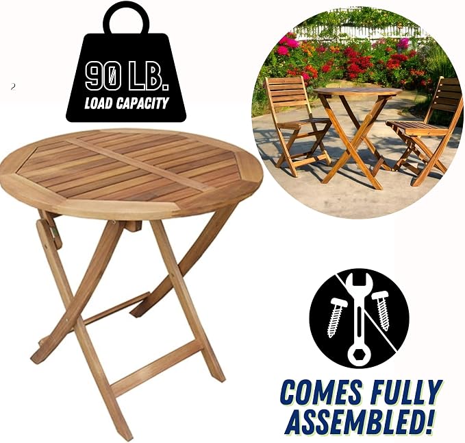 Patio Wise Folding Outdoor Patio Table, Round Foldable Acacia Wood Deck Bistro Bar, Portable Apartment, Balcony, Railing & Porch Furniture, 27 1/2-inch Diameter, Teak Color
