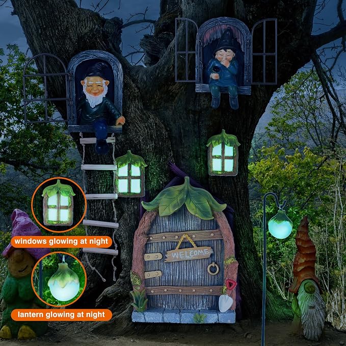 7 Pcs Fairy Garden Accessories Tree Hugger Gnome Statue Tree Faces | Fairy Door Window Set Dwarf Elf Landscape Figurine Out The Door Resin Sculpture Hanging Decor Fresh for Trees Outdoor Decor