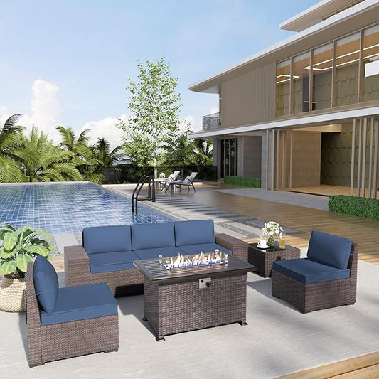 Kurapika 7 Pieces Patio Furniture Set, Rattan Outdoor Conversation Sets w/43in Propane Fire Pit Table and 4 Inch Cushion(Navy Blue)