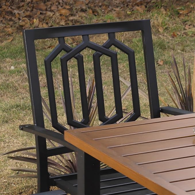 SUNSHINE VALLEY 7 Piece Patio Dining Set for 6, 60x36 Wood-Like Metal Table with Umbrella Hole and 6 Pcs Rust-Proof Stackable Chairs, Outdoor Table and Chairs Set for Backyard Garden Deck (Style 3)