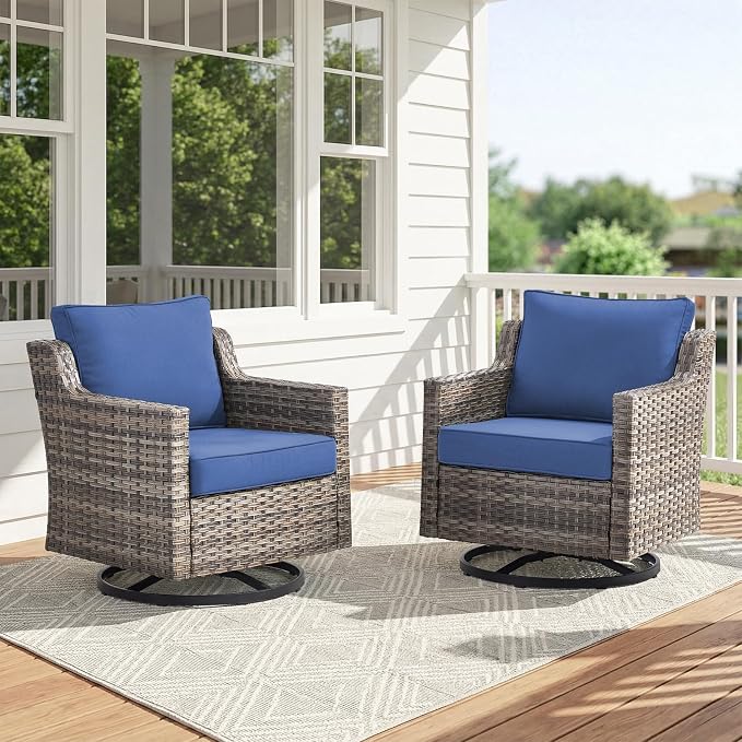 Belord Patio Wicker Swivel Rocker Patio Chairs, Outdoor Rattan Chairs for Deck Porch Garden, 2 Piece Luxury Patio Furniture Set, Blue