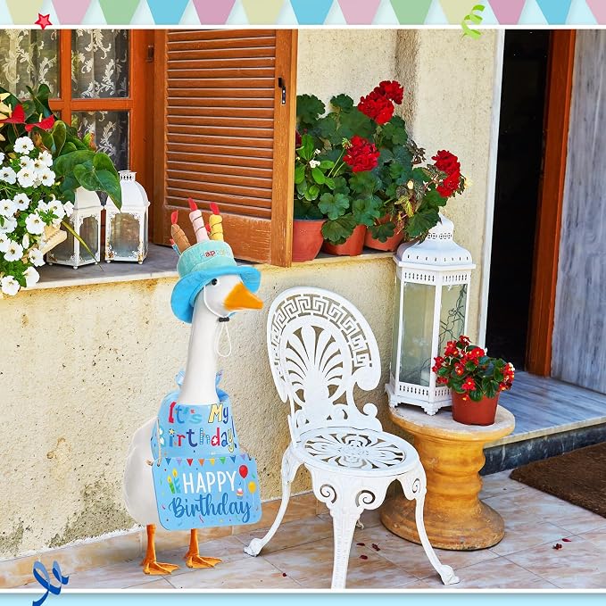Happy Birthday Porch Goose Outfit Lawn Goose Cloth Costume for 23" Cement Plastic Patio Yard Statue Outdoor(Blue,Triangle Scarf)