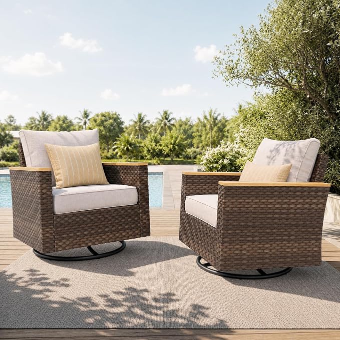 PHI VILLA Wicker Patio Furniture Set with Swivel Chairs, Rattan Sectional Outdoor Couch with Deep Seating for Poolside, Backyard, 2 x Swivel Patio Sofa, Beige Color