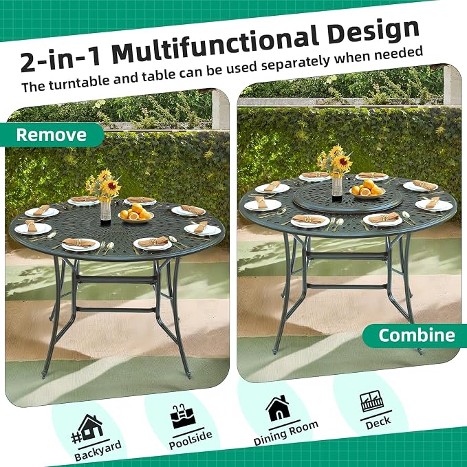 VIVIJASON 61" Patio Round Height Bar Table, All-Weather Cast Aluminum High Top Dining Table with 31" Lazy Susan & Umbrella Hole for Outdoor Balcony, Porch and Deck, Fits for 6-8 Person, Dark Bronze