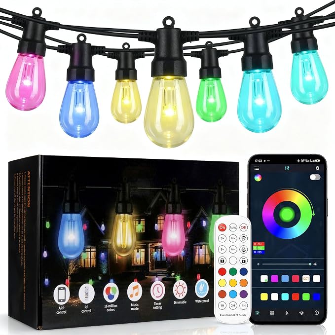 Outdoor String Lights 50FT, RGBW Clear ST14 Bulbs with App Control | 20 ST14 clear bulbs with app control, remote control, music mode, timer for backyard, pergola, deck and gatherings