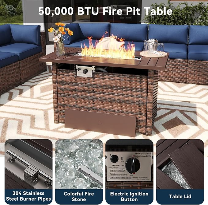 LazySunsets 15 Piece Outdoor Patio Furniture Set with 44'' Fire Pit Table, Outdoor Patio Furniture Set with 4'' Thicken Cushion, Wicker Rattan Outdoor Conversation Set for Backyard & Garden, Blue