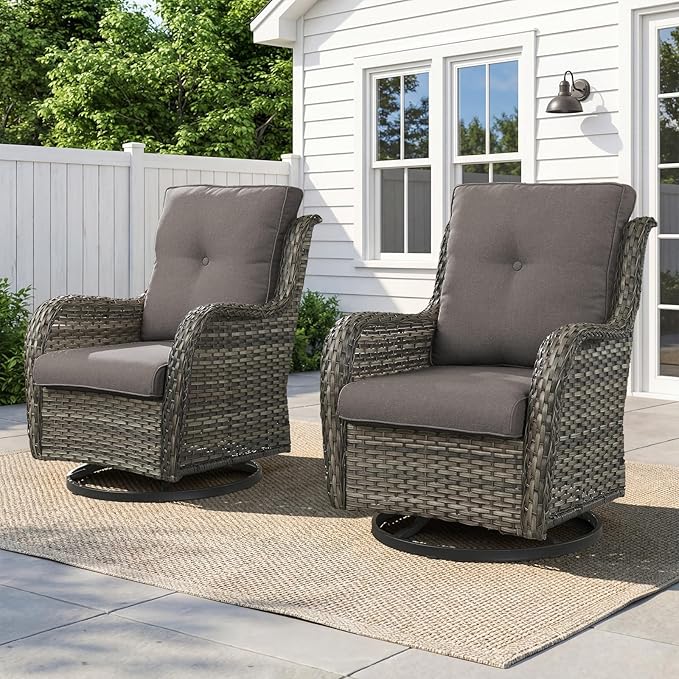 Belord Outdoor Swivel Chairs Set of 2,Patio Wicker Rocker Chairs,All Weather Patio Conversation Furniture Set, Ideal for Porch Balcony Deck Yard, Gray Wicker/Gray