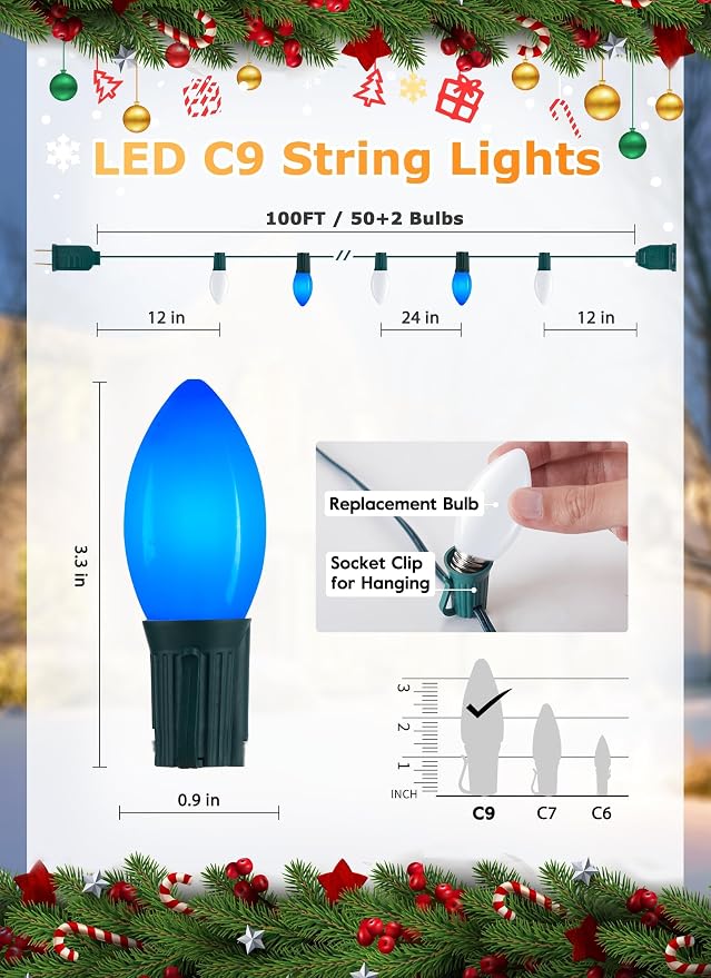 C9 Christmas Lights Outdoor, 100Ft 50 LED Blue & Pure White String Lights | Waterproof Shatterproof Connectable Christmas Tree Lights for House Outside Roofline Patio Yard Home Xmas Decorations