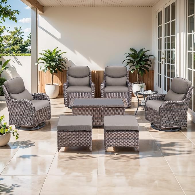 Outdoor Swivel Rocker Patio Chairs Set of 4 with Ottoman Coffee Table - 5" Thick Cushion 8 Piece Furniture Set All Weather Comfortable Wicker Conversation Set for Porch Deck - Brown/Gray