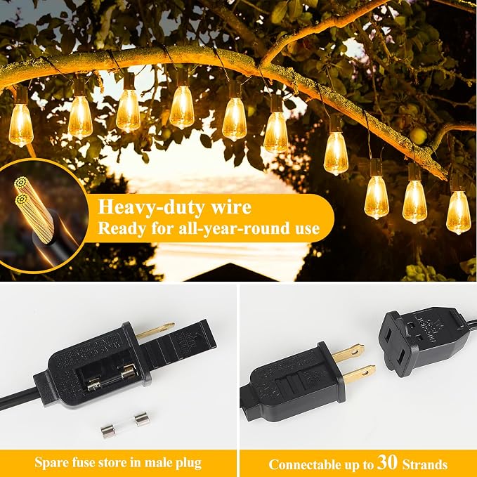 Brightever LED Outdoor String Lights 50FT Patio Lights with 27 Shatterproof ST38 Vintage Edison Bulbs, Outside Hanging Light Waterproof for Porch, Deck, Garden, Backyard, Balcony, 2200K Dimmable