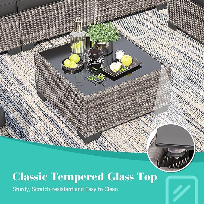 7 Pieces Outdoor Patio Furniture Set, All-Weather Sectional Sofa | Light Grey Wicker Conversation Set with Glass Table and Cushions | PE Rattan Weaving | Ideal for Patio, Pool, Balcony