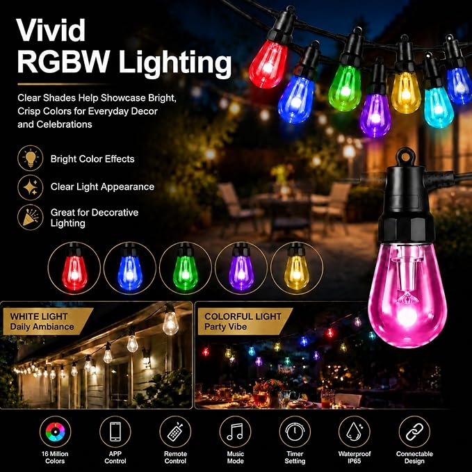 Outdoor String Lights 50FT, RGBW Patio Lights with App & Remote Control | 20 ST14 bulbs, RGBW color modes, app control, remote control, music mode, timer, backyard decor