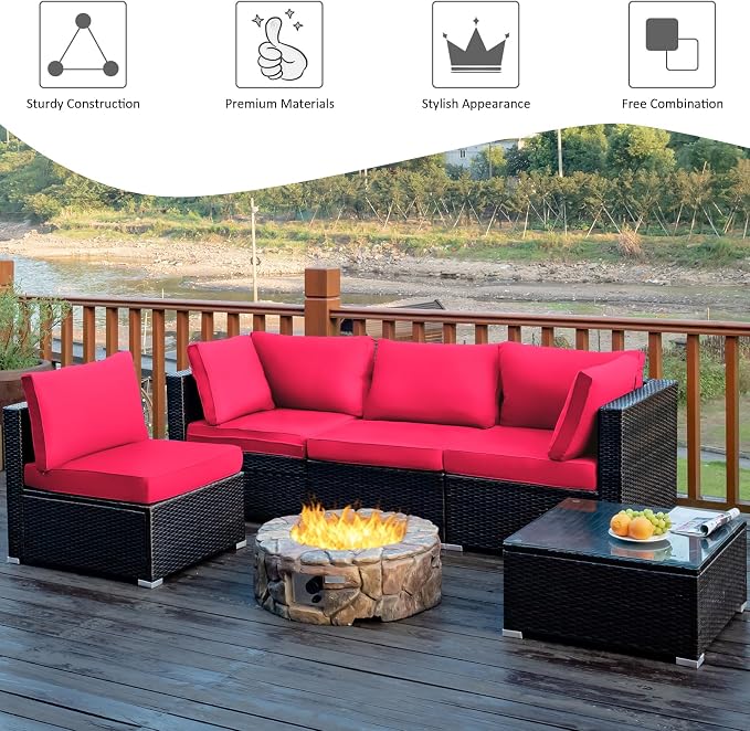 COSTWAY 5-Piece Outdoor Patio Furniture Set, PE Rattan Sofa Chairs with Cushions and Tempered Glass Coffee Table, Conversation Sofa Set for Backyard Garden (Red)