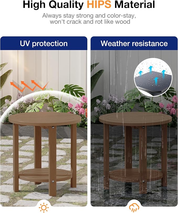 YEFU Outdoor Side Table for Patio: 16in HIPS Small Round Outdoor End Table - 2-Tier Adirondack Tables for Patio Porch Yard Poolside Living Room Beach Bedroom (Teak, 1 Pack)