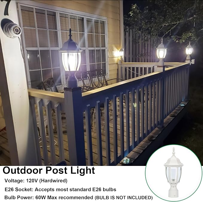 Outdoor Post Light, Rustproof Aluminum Pole Lamp, White | Exterior Lamp Post Light Fixture for Garden, Yard, Pathway, Waterproof, Glass, E26 Base, Max 60W, 2 Pack