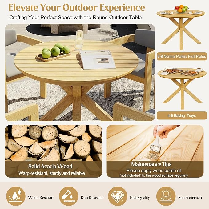 Merax 5 Piece Patio Table and Chairs Set for 4, 4pcs Outdoor Club Dining Chairs with Gray Cushions & 1 Oversize Round Dining Table, Acacia Wood Patio Dining Furniture Set for Balcony Desk Garden