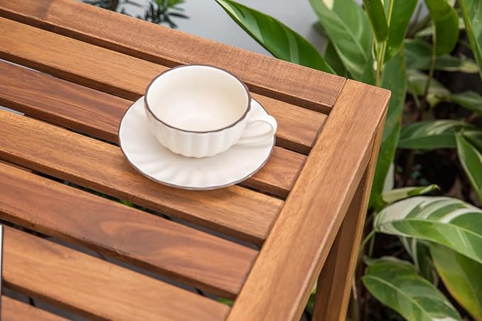 VICTORY RELAX Small Acacia Wood Dining Table for 2-4, Patio Table with Slatted Tabletop, Compact Bistro Table for Balcony, Garden, Poolside & Backyard, Natural Color (29.5'')