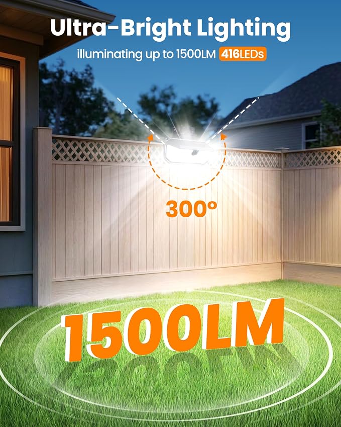 LUHLEE 416 LEDs Clip On Solar Lights Outdoor, 1500LM & 300° Angle Bright Motion Sensor Outdoor Lights with 3 Lighting Modes, IP65 Waterproof Flood Solar Light for Fence, Patio, Backyard (NEW 1PACK)