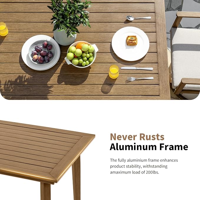6-Piece Outdoor Table Set with 4 Swivel Chairs & 3-Person Bench, 8-Person Outdoor Rectangular Dining Table with Umbrella Hole, Patio Table Set with Chairs for Garden Backyard Proch, Teak