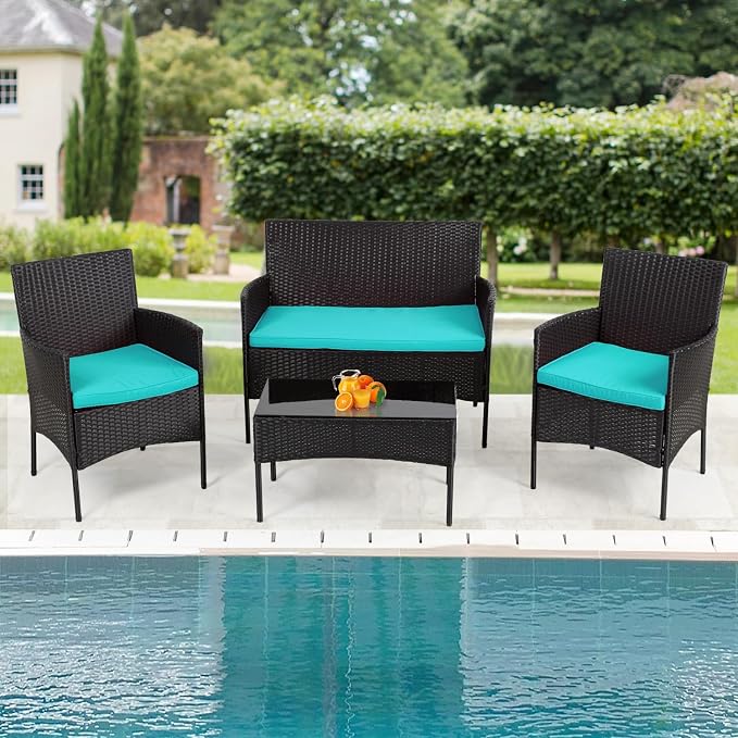 4 Pieces Conversation Set Modular Outdoor Furniture Set Water Resistant Patio Wicker Furniture Set with 3 Rattan Chairs 1 Tempered Glass Topped Table Seat Cushions for Patio Balcony Poolside, Blue