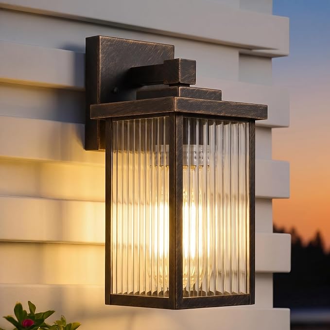 13" Black Brush Gold Outdoor Wall Light, All-Metal Frame Porch Light | Textured Glass Softens Glare, Stays Bright. Dual-Tone Rust-Resistant Metal. Pre-Assembled DIY Install. For Porch, Garage