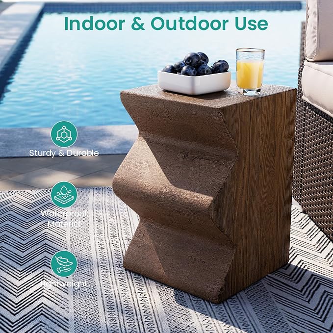 SUNBURY Concrete Side Table Set of 2, Outdoor Side Table Combine for Patio, Outdoor Accent Table Patio End Table in Woodgrain, Ceramic for Garden, Porch, Rectangular, Light Brown