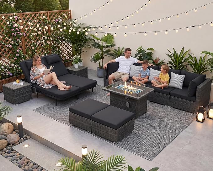 NICESOUL 11 Piece Sectional Outdoor Set with Chaise Lounge, Extra Large Backyard Seating with Firepit, 29.3'' Highback Patio Couch Sofa, Heavy Duty All-Weather Wicker Furniture for Deck, Grey & Black