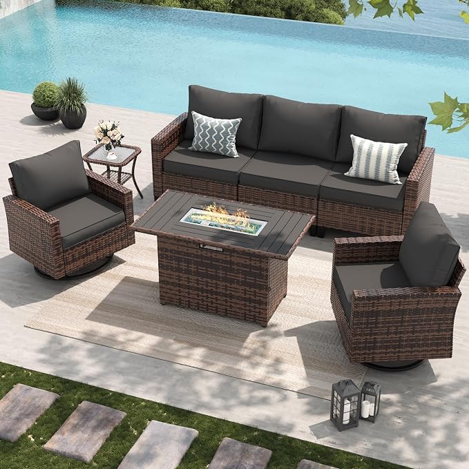 Amopatio Patio Furniture Set with Fire Pit Table, Wicker Outdoor Sectional Sofa with Swivel Rocker Chairs, All-Weather Rattan Conversation Set, Waterproof Cover for Backyard, Deck Brown/Grey 5 PCS