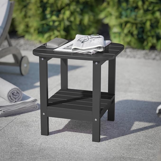 Flash Furniture Newport 2-Tier Adirondack Side Table - Recycled HDPE All-Weather Materials - Indoor/Outdoor - Black