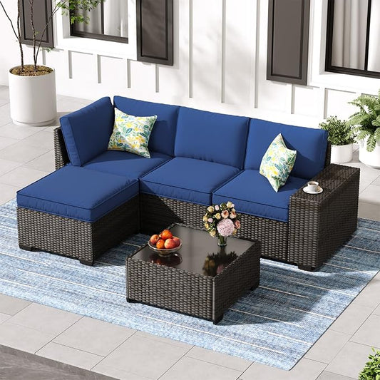 Jing's Villa 5-Piece Patio Furniture Set, All-Weather Outdoor Wicker Sectional Sofa with Cushions, Tempered Glass Table & Ottoman,Rattan Conversation Seating for Porch, Garden, Backyard,Navy