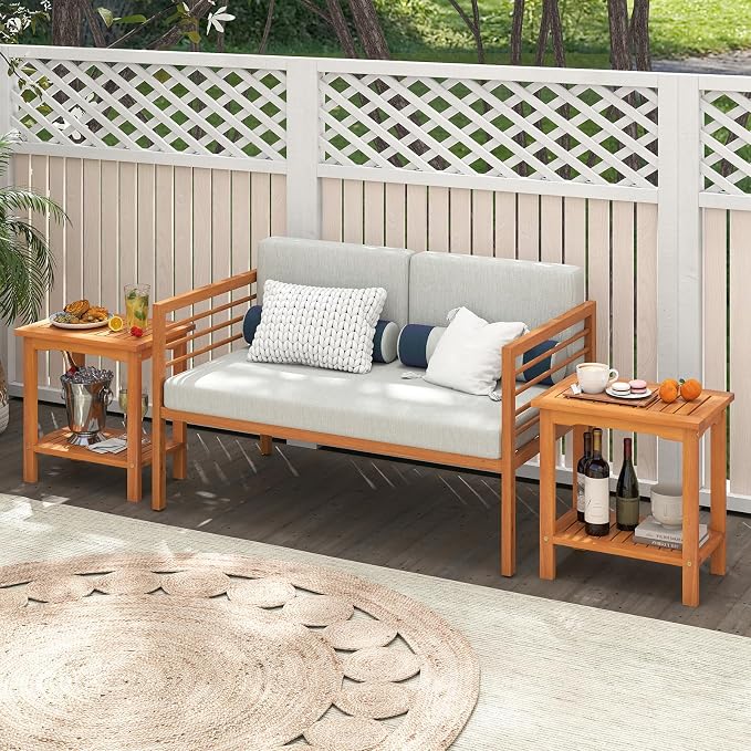 Tangkula Outdoor Side Table, 2-Tier Patio End Table with Slatted Tabletop & Storage Shelf, Acacia Wood Accent Bistro Table for Backyard, Poolside, Garden, Indoor, Natural (1)
