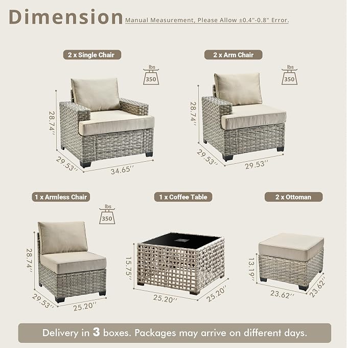 Weaxty 8 Pieces Outdoor Furniture Set, Patio Sectional Sofa Wide Seats Couch Chair with Ottoman Solar Table, Thick Cushion All-Weather Rattan Patio Conversation Sets for Backyard Porch Deck, Beige