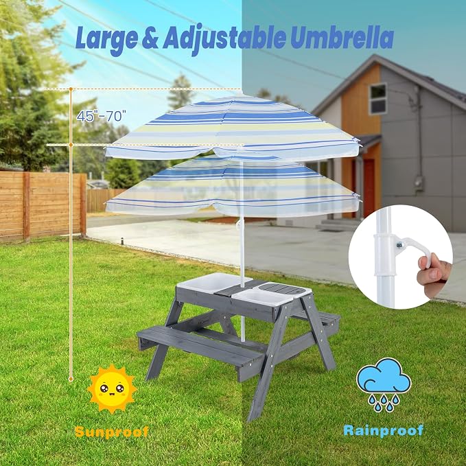 KOTEK Kids Picnic Table, 4 in 1 Sand and Water Table w/Detachable Tabletop, 3 Removable Play Boxes, Foldable & Height Adjustable Umbrella, Wood Sensory Table and Bench for Outdoors, Indoors (Grey)