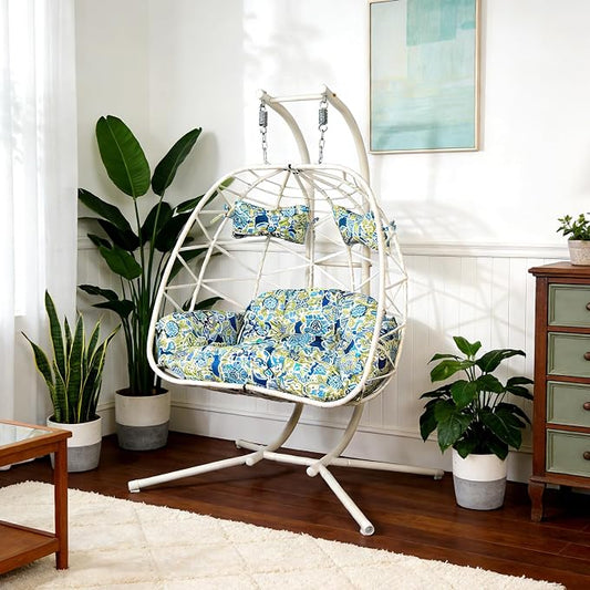 2 Person Double Hanging Egg Chair, Oversized Wicker Rattan Loveseat Swing Chair, Heavy Duty 600lbs Capacity, Foldable Basket Hammock Chair with Thick Cushion for Indoor Outdoor Patio Bedroom