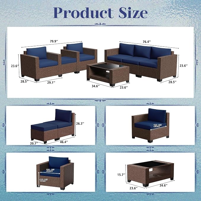 KIGOTY Patio Furniture Set 7 PCS Patio Conversation Sets, All-Weather PE Rattan Outdoor Sectional Sofa with Cushion and 2- Tier Glass Coffee Table（Brown/Dark Blue）