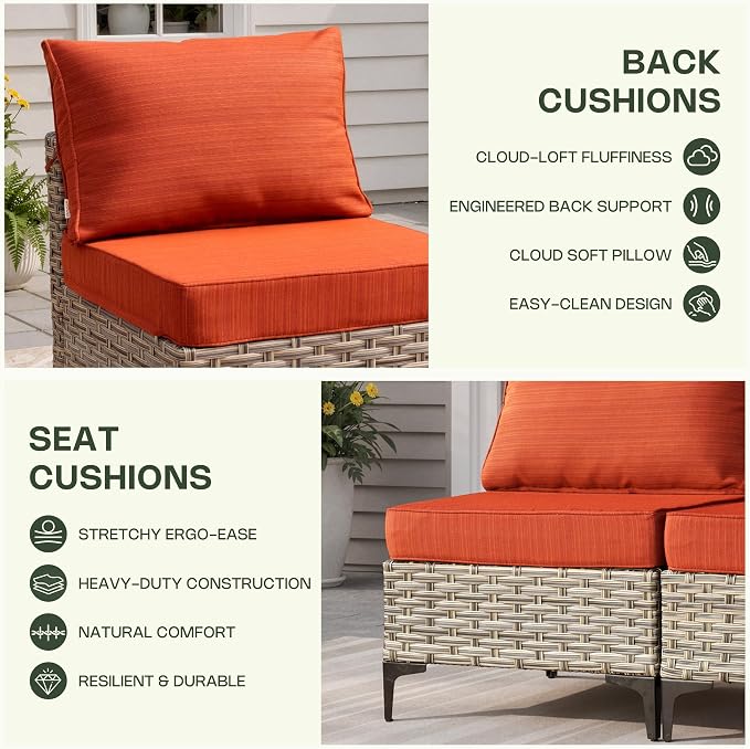 8 Pieces Patio Furniture Set, Outdoor Conversation Set with 360° Swivel Rocker Chairs, Wicker Sectional Sofa & Solar Powered Lighted Table, High Back Outdoor Furniture for Backyard Porch, Orange