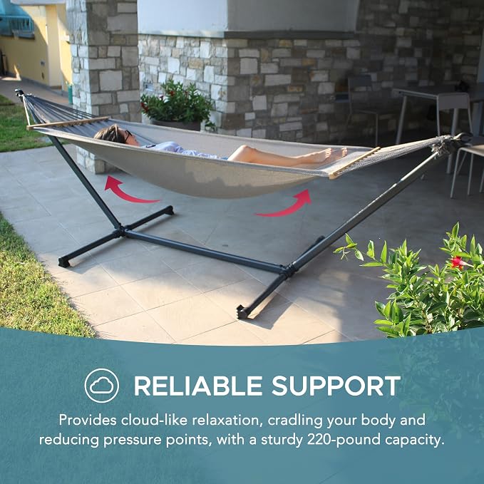 SUNJOY Portable Hammock with 10FT Heavy Duty Steel Stand and Spreader Bars - Ultra-Light 24.25 lbs - Portable Single Person Hammock with Stand for Outdoors, Outside, Backyard, Patio