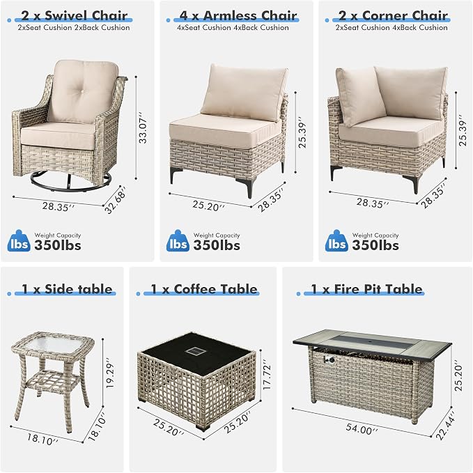 HOOOWOOO Outdoor Patio Furniture Set with Fire Pit Table,11 Pieces Wicker Out Door Sectional Furniture L Shaped Couch,Outside Patio Conversation Swivel Chair Sets,Beige