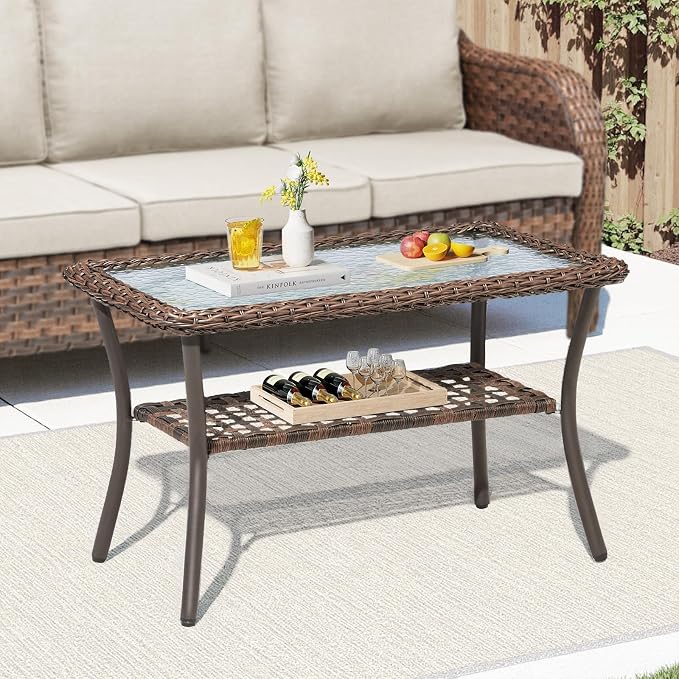 2 PCS Patio Furniture Set, Outdoor Wicker Loveseat Sofa with Coffee Table, 4-Inch Thick Olefin Cushions & Curved Armrests, 300 lbs Capacity Rattan Porch Furniture for Garden, Backyard, Beige