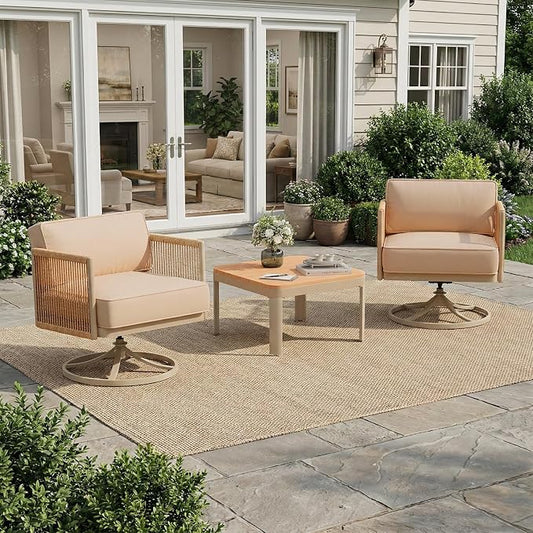 EROMMY 3 Pieces Patio Furniture Set, Metal Frame Outdoor Swivel Glider Rocking Chairs with 6" Thick Cushions & Metal Table, Patio Conversation Sets for Backyard, Poolside & Balcony, Beige
