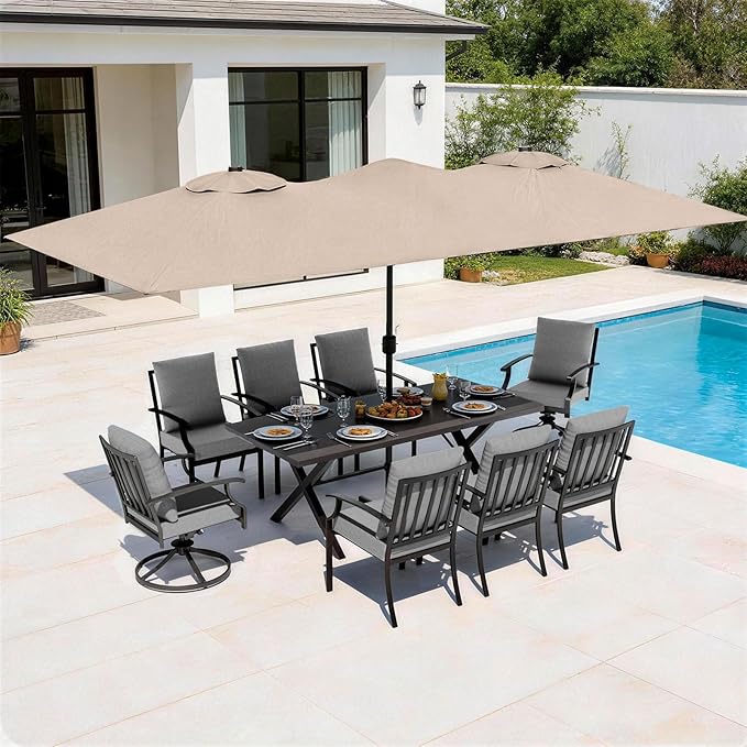 10 Pieces Patio Dining Set with Brown Umbrella,Outdoor Furniture Set Includes Hole Cut-Out Table and 6 Metal Backrest Chairs and 2 Swivel Chairs for Backyard,Garden,Poolside,Grey