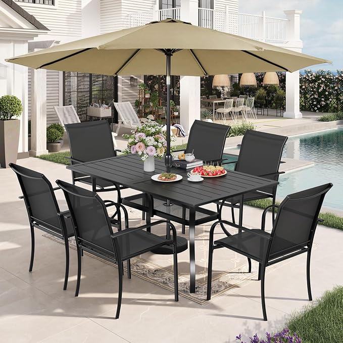 7-Piece Patio Dining Set with Umbrella,6 Person Outdoor Table and Chairs Set, 6 Metal Dining Chairs and Rectangular Outdoor Table with 1.57" Umbrella Hole,Black