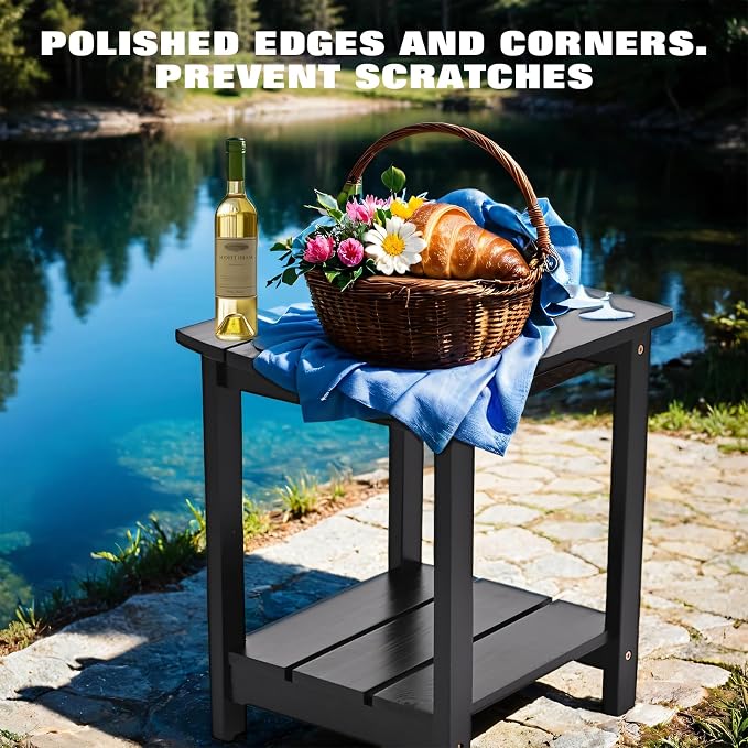 Outdoor Side Table, 2-Tier Small Outdoor Table for Patio, Adirondack Side Tables for Outside or Indoor (Black, 18 * 14 * 18.5)