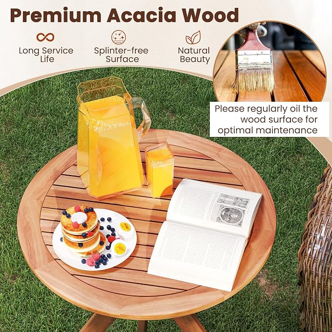 Tangkula 27.5 Inch Acacia Wood Outdoor Patio Bistro Table, Round Wooden Table w/X Base, Coffee Side Bistro Table for Garden, Backyard, Patio, Living Room (Teak)