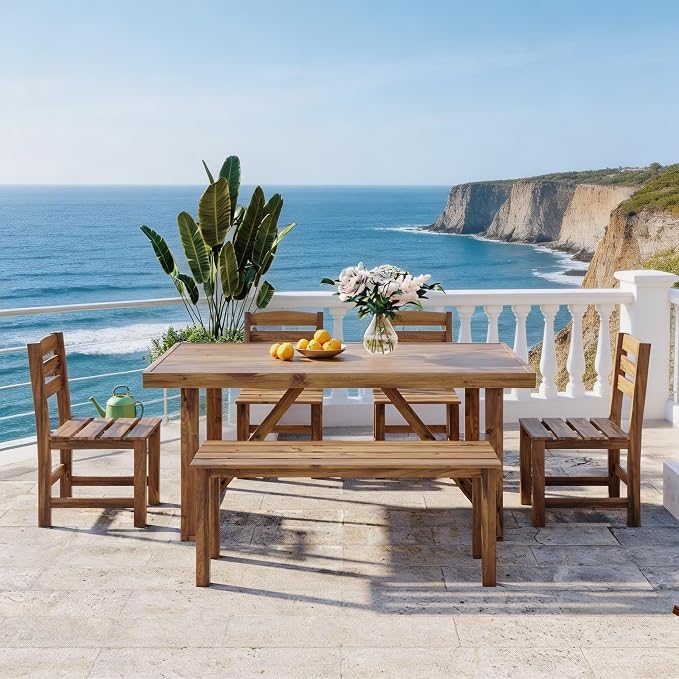 RuiSiSi Outdoor Dining Sets for 6, Acacia Wood Patio Table and Chairs Set with Bench and 4 Chairs for Balcony, Backyard, Garden, Poolside, Natural