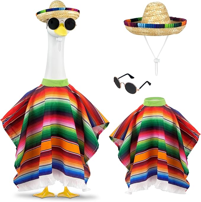 Cinco De Mayo Porch Goose Outfits, Mexican Outfit Fits 17 23 Inch Statue | Summer Goose Clothes with Hat, Serape Striped Poncho and Sunglasses for Outdoor Garden Yard Lawn Patio Decor