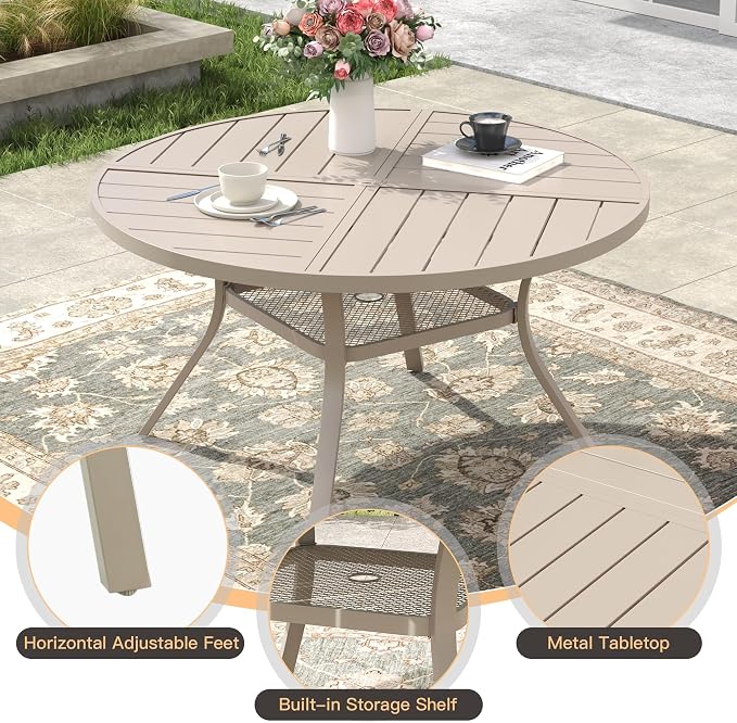 47.2" Outdoor Dining Table with Adjustable Umbrella Hole, Metal Slatted Round Patio Dining Table for Backyard Garden Deck, Sandshell