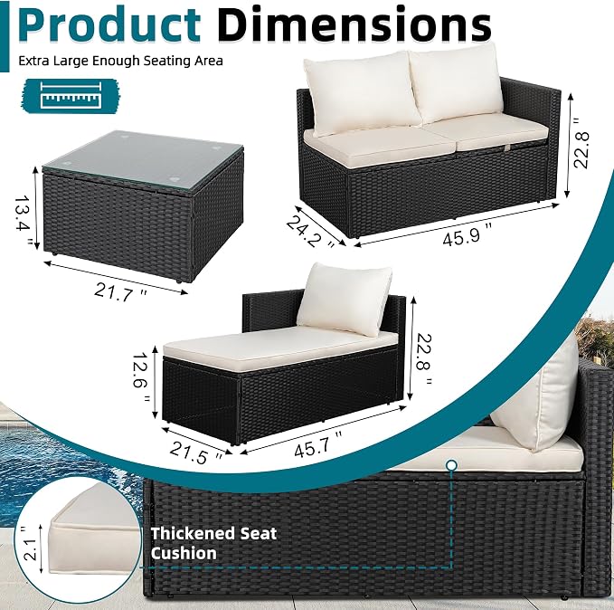 SUNLEI 3 Piece Patio Furniture Set, Outdoor PE Rattan Sectional Sofa Set with Ottoman, Detachable Cushions and Glass Coffee Table, Patio Conversation Set for Backyard Balcony Porch, Black/White