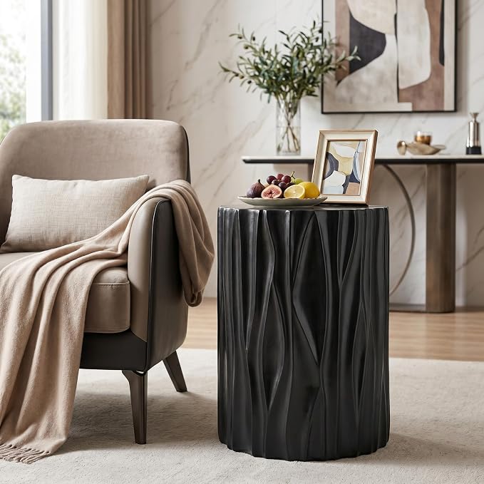 Black Side Table Wave Textured MGO Cylindrical Accnet End Table, Indoor & Outdoor Multi-Use Stool Table for Living Room Patio Balcony